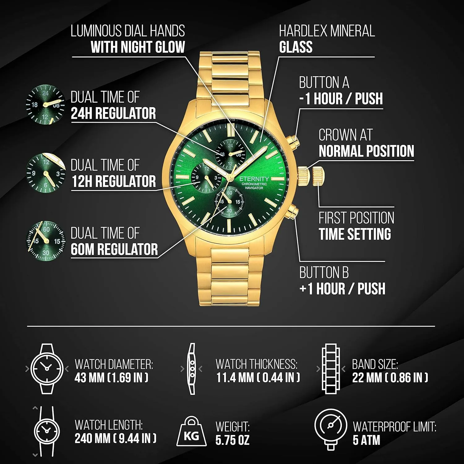 watch, Personalized custom back cover engraving. Stainless, luminous, Quartz battery operated. (Gold/green dial)