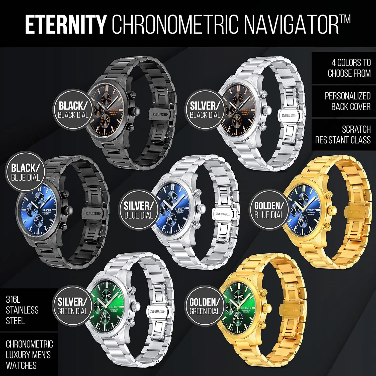 watch, Personalized custom back cover engraving. Stainless, luminous, Quartz battery operated. (Gold/green dial)