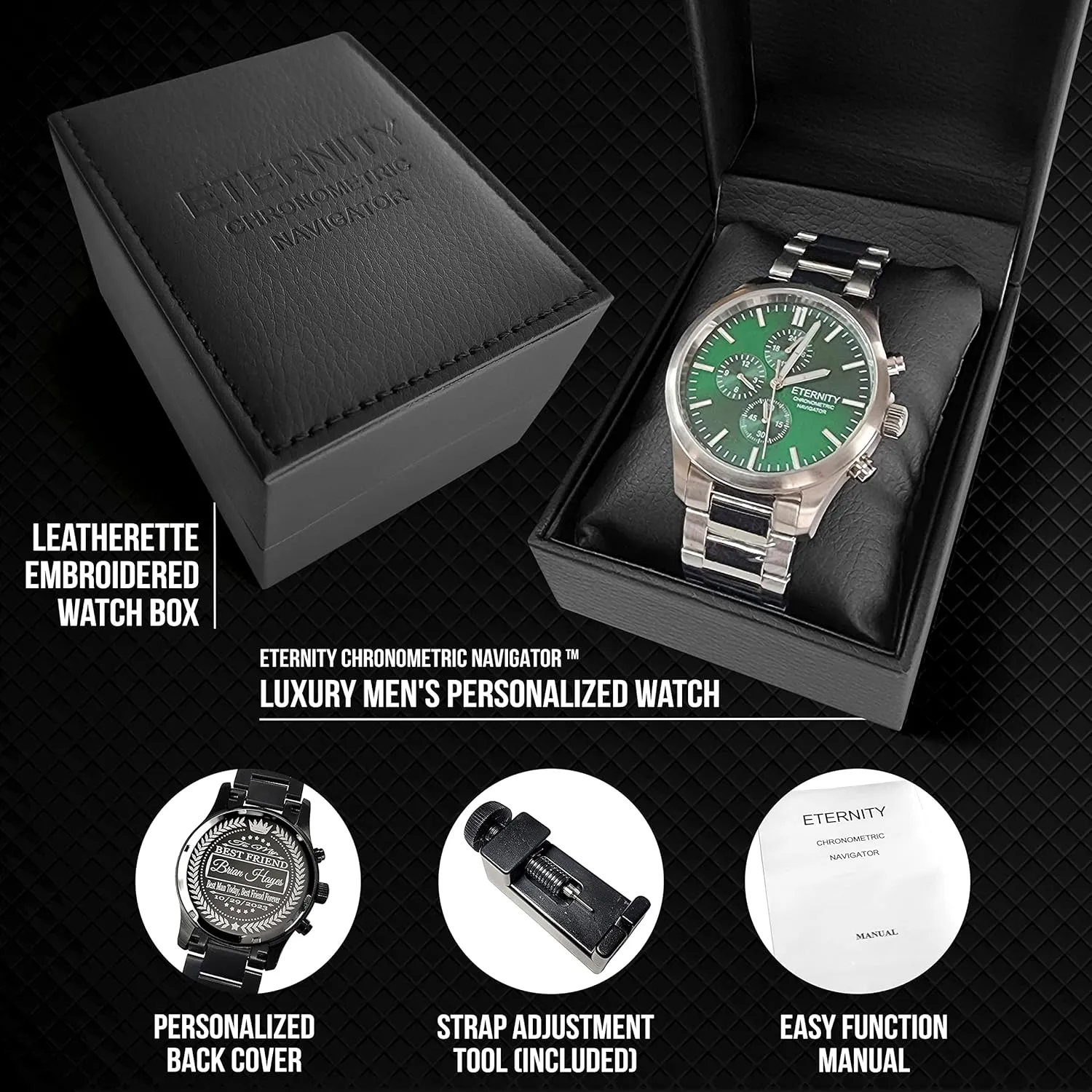 watch, Personalized custom back cover engraving. Stainless, luminous, Quartz battery operated. (Gold/green dial)