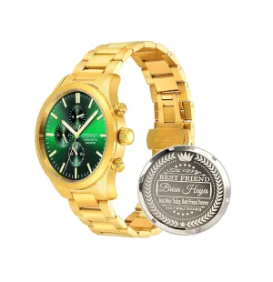 watch, Personalized custom back cover engraving. Stainless, luminous, Quartz battery operated. (Gold/green dial)
