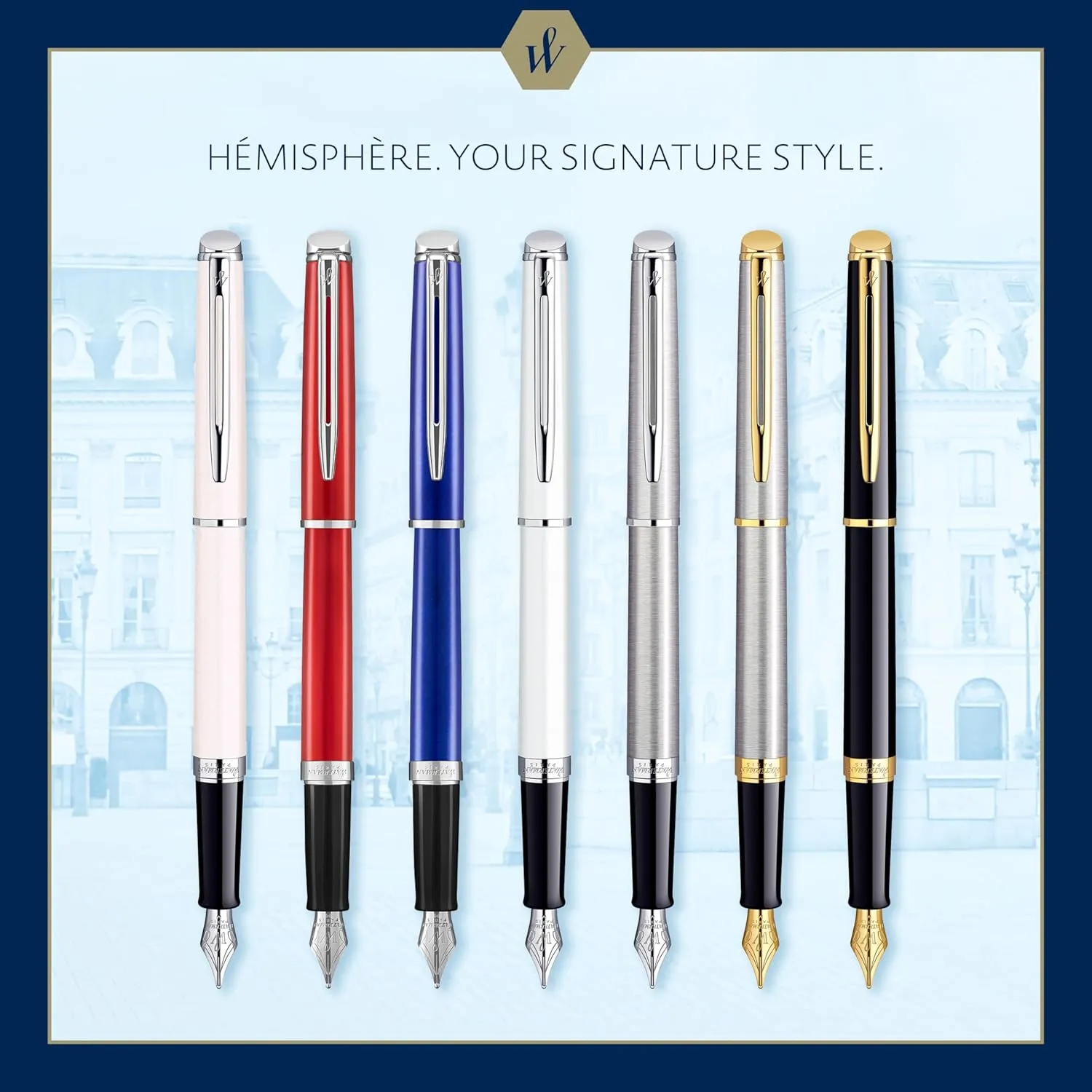 Waterman Hémisphère Fountain Pen, Stainless Steel with Chrome Trim, Medium Nib with Blue Ink Cartridge, Gift Box