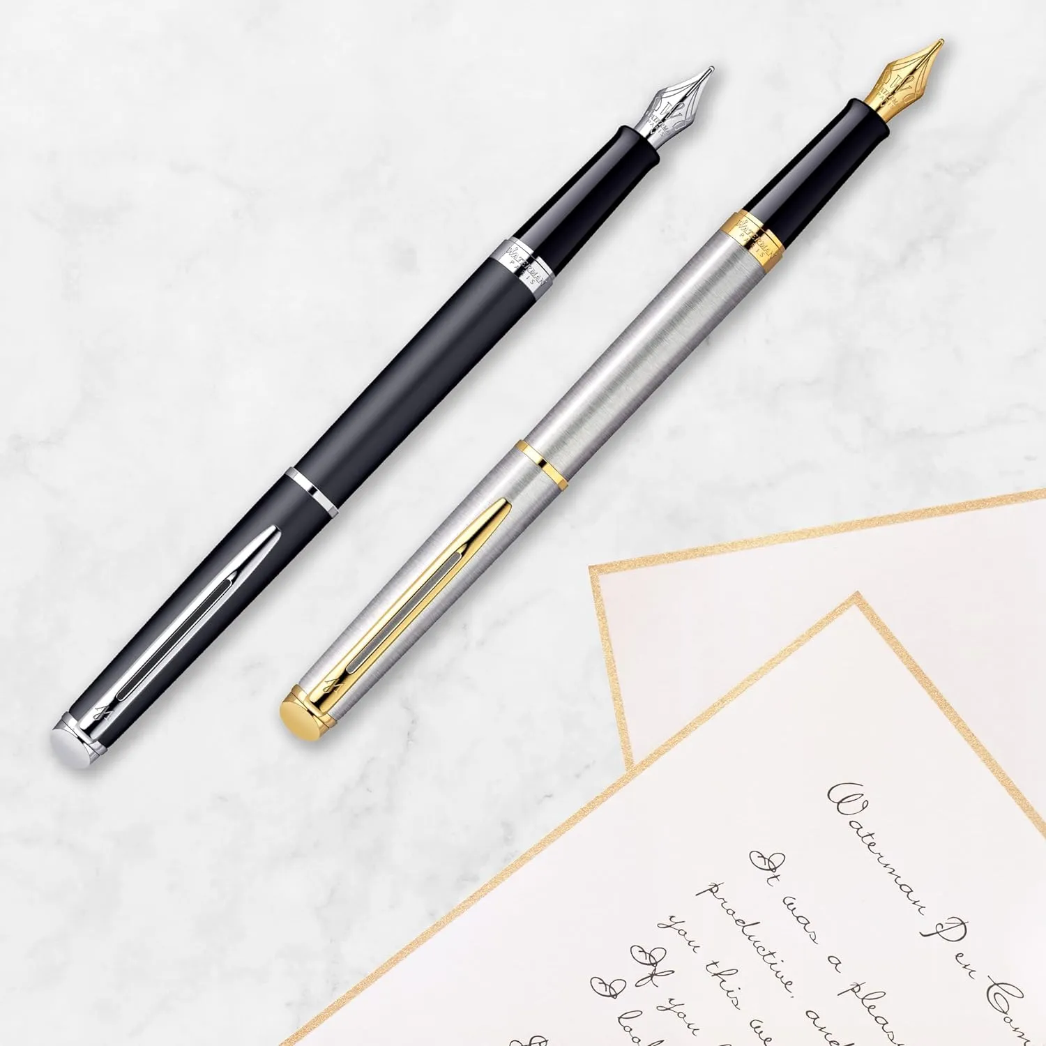 Waterman Hémisphère Fountain Pen, Stainless Steel with Chrome Trim, Medium Nib with Blue Ink Cartridge, Gift Box