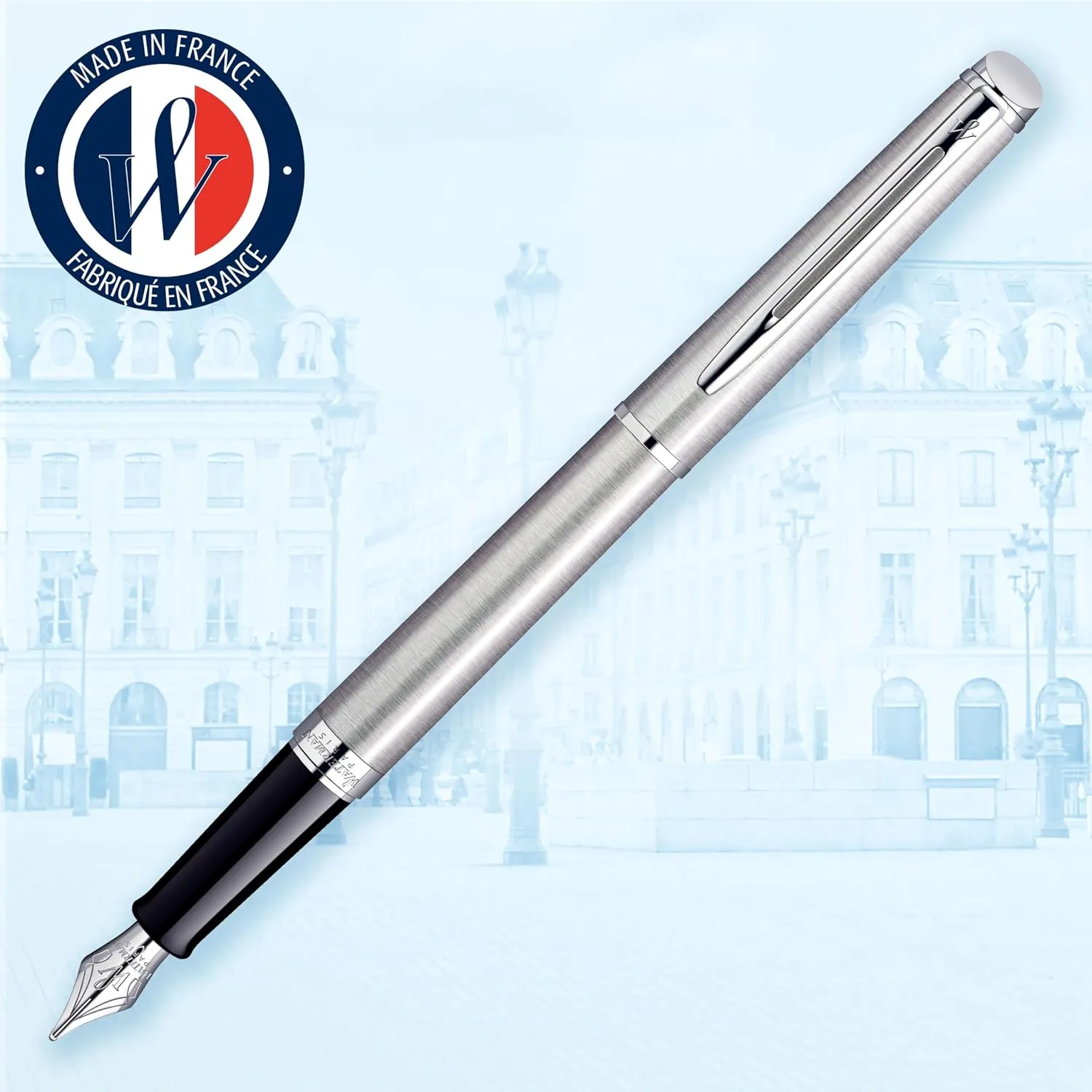 Waterman Hémisphère Fountain Pen, Stainless Steel with Chrome Trim, Medium Nib with Blue Ink Cartridge, Gift Box
