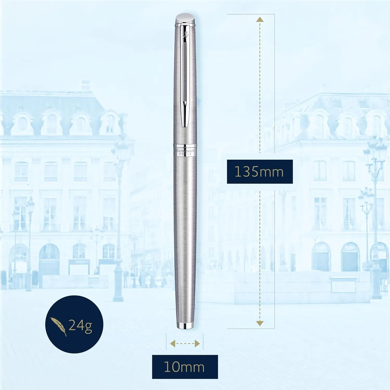 Waterman Hémisphère Fountain Pen, Stainless Steel with Chrome Trim, Medium Nib with Blue Ink Cartridge, Gift Box