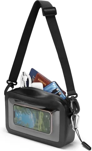 Waterproof Sling Bag with Phone Touch Screen Feature and Back Molle System, Waterproof Fanny Pack with a Carabiner and a Whistle, Black
