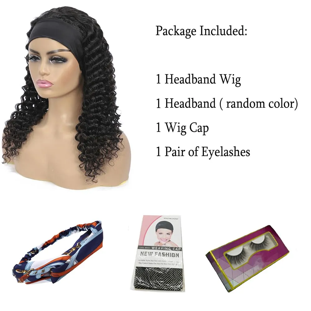 WENYAN Headband Wig Human Hair Deep Wave 18 Inch Wigs for Black Women Glueless None Lace Front Curly Wave Wig Brazilian Virgin Hair Wear and Go Wigs Machine Made 150% Density Natural Color