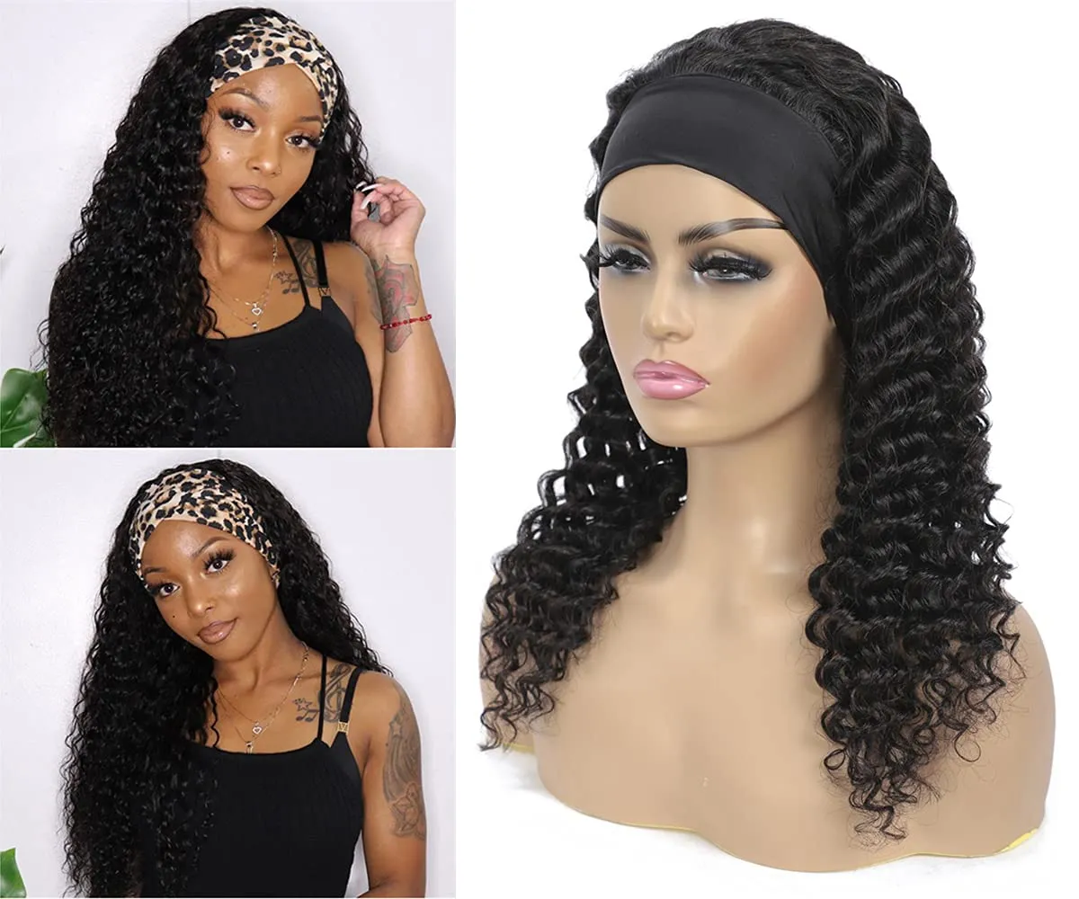 WENYAN Headband Wig Human Hair Deep Wave 18 Inch Wigs for Black Women Glueless None Lace Front Curly Wave Wig Brazilian Virgin Hair Wear and Go Wigs Machine Made 150% Density Natural Color