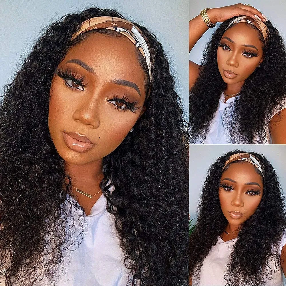 WENYAN Headband Wig Human Hair Deep Wave 18 Inch Wigs for Black Women Glueless None Lace Front Curly Wave Wig Brazilian Virgin Hair Wear and Go Wigs Machine Made 150% Density Natural Color