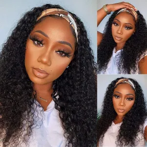 WENYAN Headband Wig Human Hair Deep Wave 18 Inch Wigs for Black Women Glueless None Lace Front Curly Wave Wig Brazilian Virgin Hair Wear and Go Wigs Machine Made 150% Density Natural Color