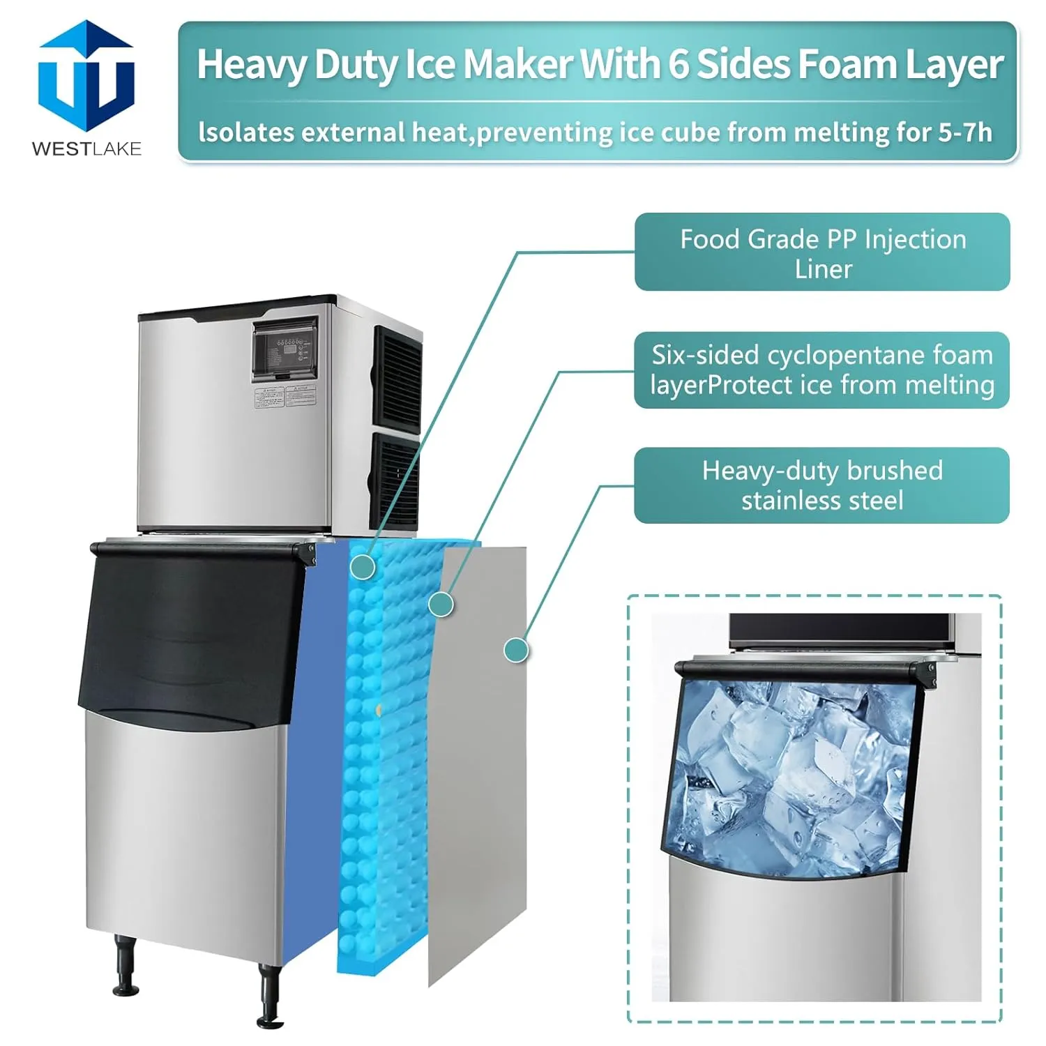 Westlake Commercial Ice Maker Machine Stainless Steel Full Cube NSF Certificated 350 lbs/24H Ice with 230lbs Storage Ice Maker Machine Capacity-Ideal for Hotels, Bars, Restaurants