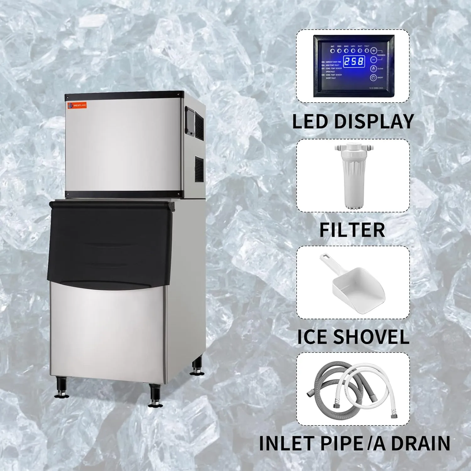 Westlake Commercial Ice Maker Machine Stainless Steel Full Cube NSF Certificated 350 lbs/24H Ice with 230lbs Storage Ice Maker Machine Capacity-Ideal for Hotels, Bars, Restaurants