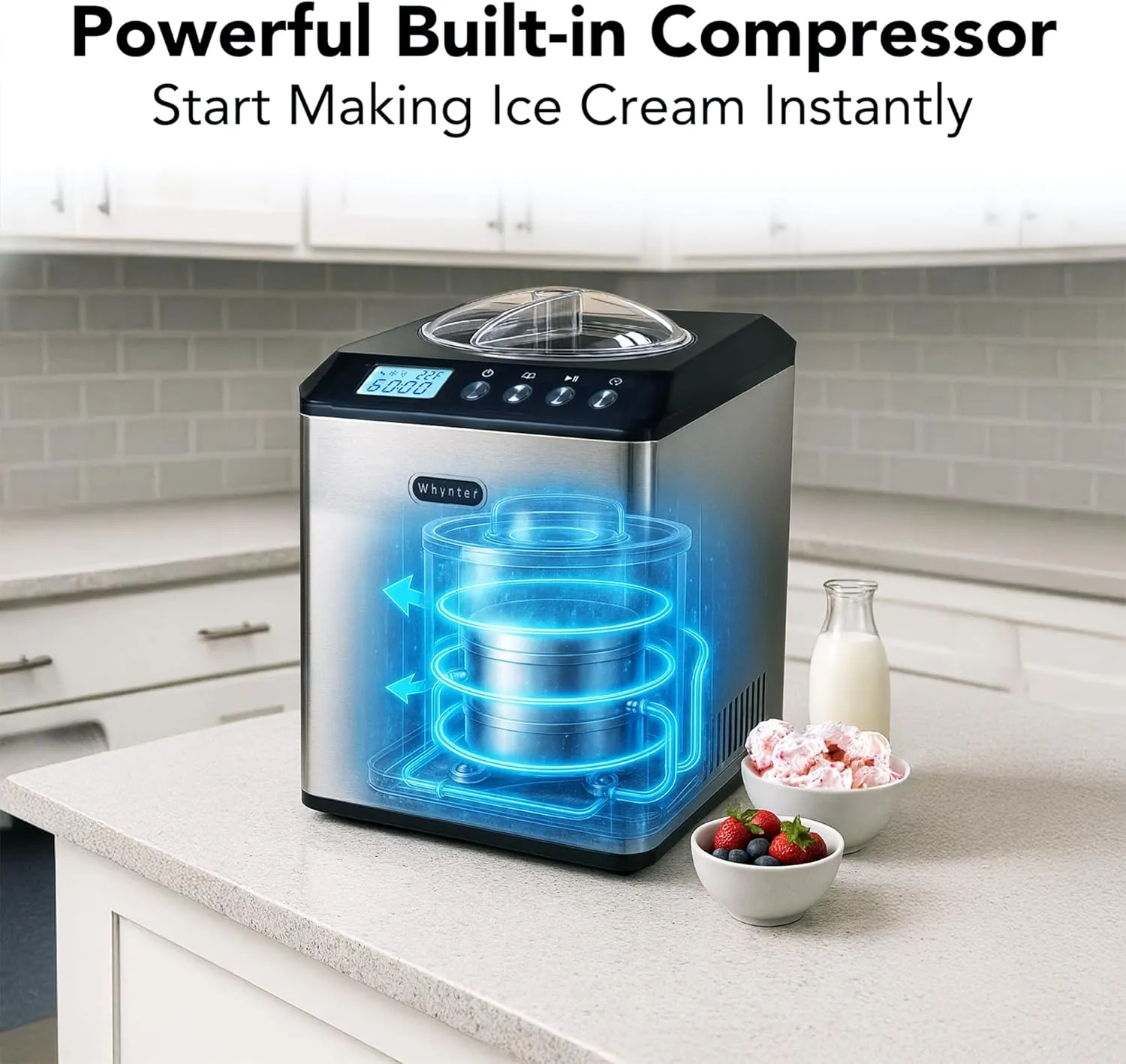 Whynter Ice Cream Maker Machine Automatic 2.1 Qt. Upright with Built-In Compressor, LCD Digital Display & Timer, No Pre-Freezing, ICM-201SB, Stainless Steel