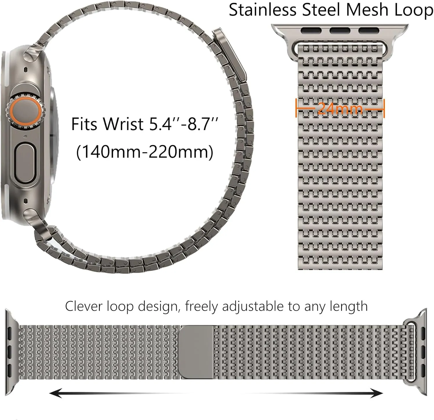 WINGLE Milanese Loop for Apple Watch Band Ultra 2 Band Ultra 49mm 46mm 45mm 44mm Men Series 10 9 8 7 SE 6 5 4, 24mm Wide Magnetic Metal Mesh Stainless Steel iWatch Apple Watch Bands, Titanium
