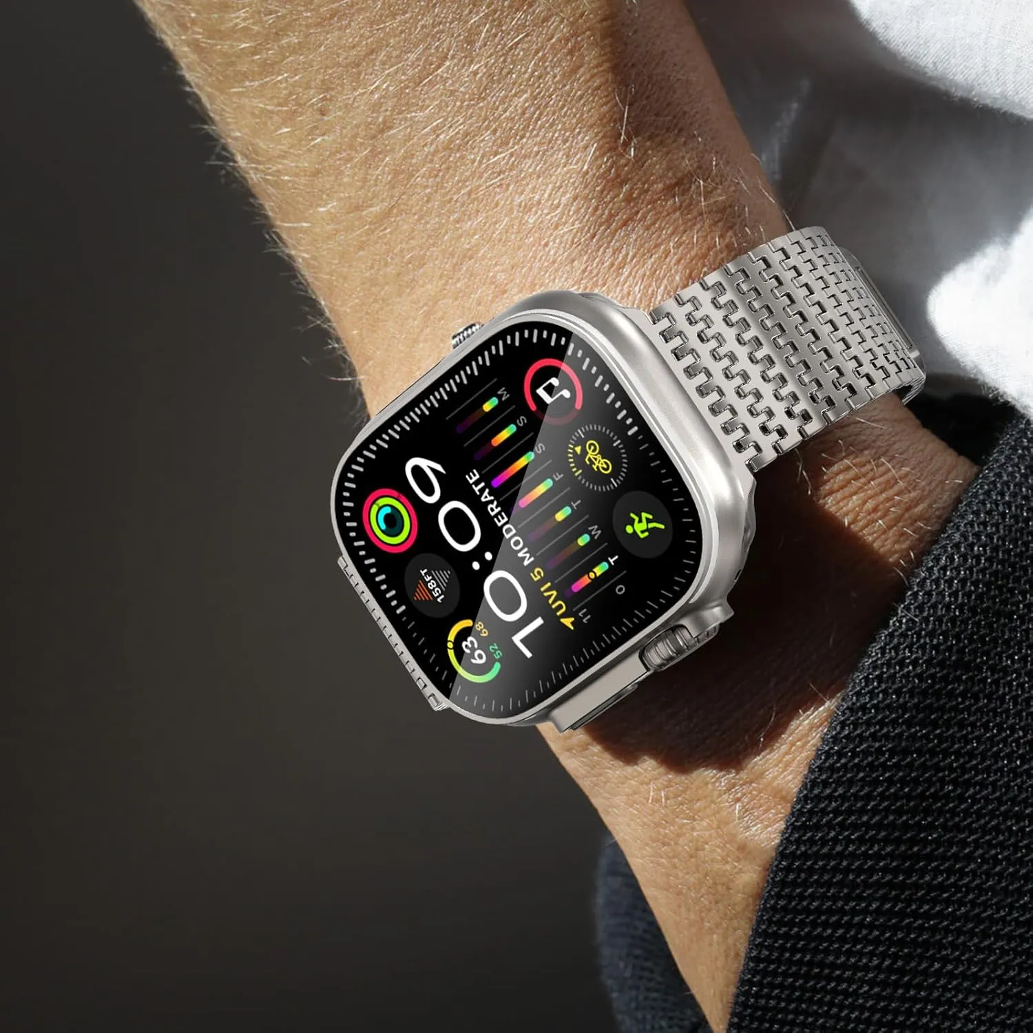 WINGLE Milanese Loop for Apple Watch Band Ultra 2 Band Ultra 49mm 46mm 45mm 44mm Men Series 10 9 8 7 SE 6 5 4, 24mm Wide Magnetic Metal Mesh Stainless Steel iWatch Apple Watch Bands, Titanium