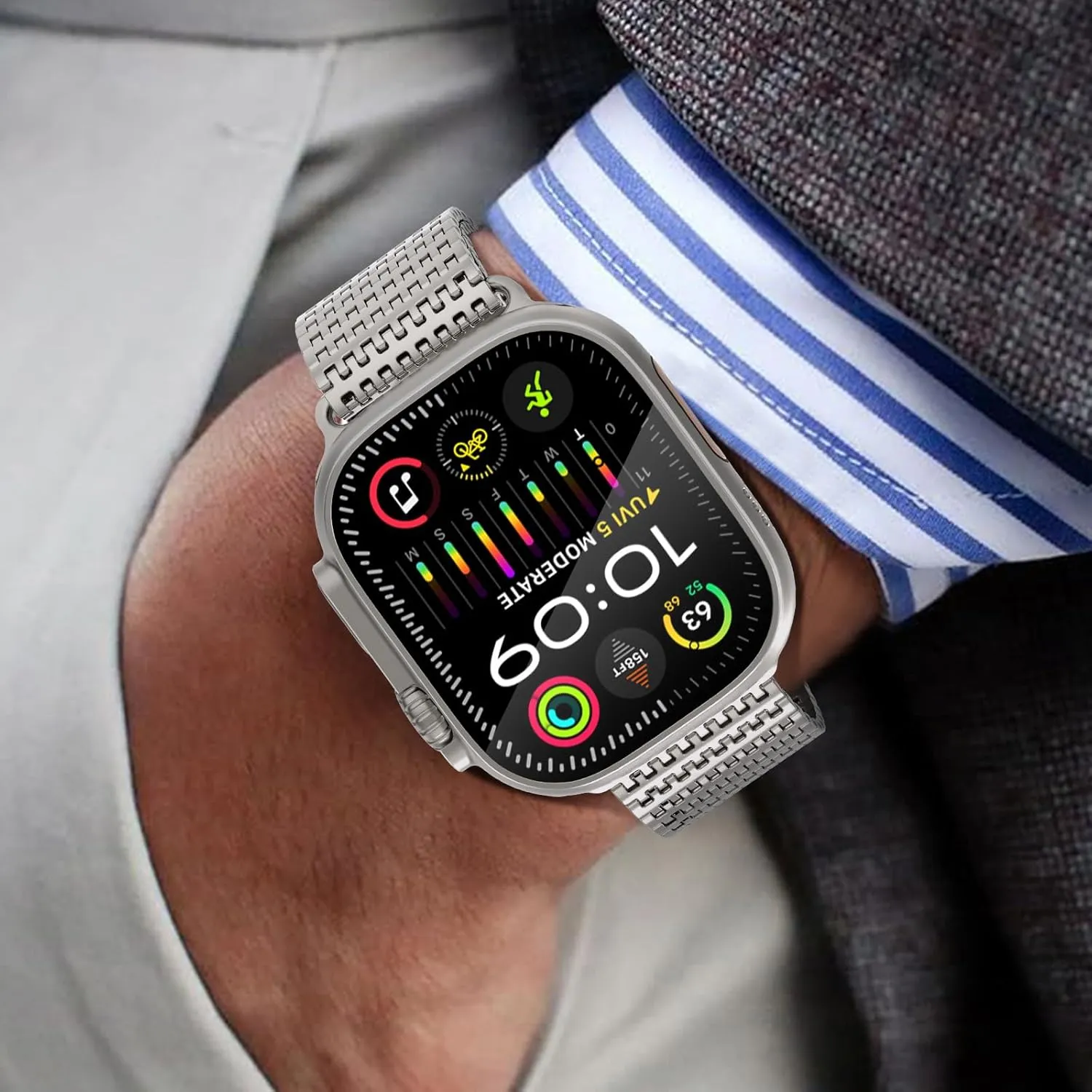 WINGLE Milanese Loop for Apple Watch Band Ultra 2 Band Ultra 49mm 46mm 45mm 44mm Men Series 10 9 8 7 SE 6 5 4, 24mm Wide Magnetic Metal Mesh Stainless Steel iWatch Apple Watch Bands, Titanium