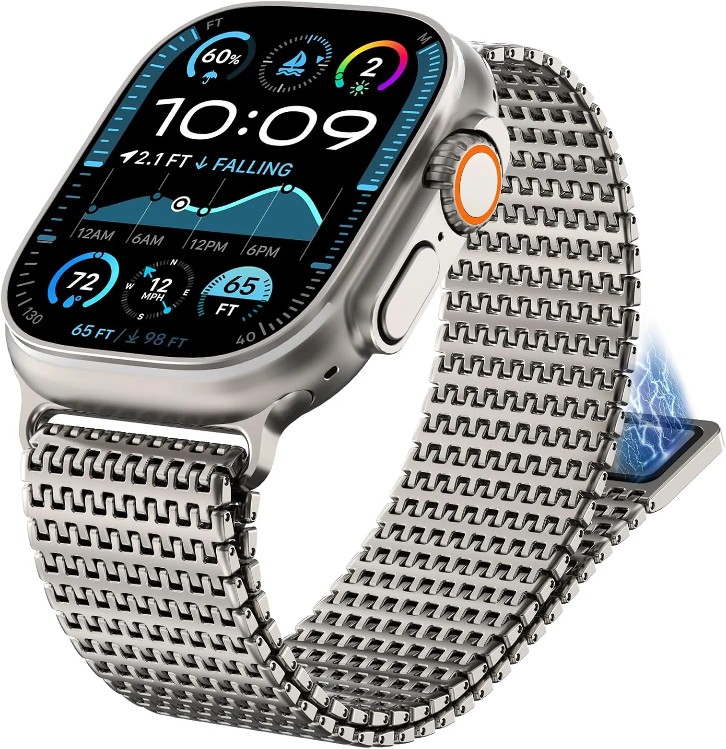 WINGLE Milanese Loop for Apple Watch Band Ultra 2 Band Ultra 49mm 46mm 45mm 44mm Men Series 10 9 8 7 SE 6 5 4, 24mm Wide Magnetic Metal Mesh Stainless Steel iWatch Apple Watch Bands, Titanium