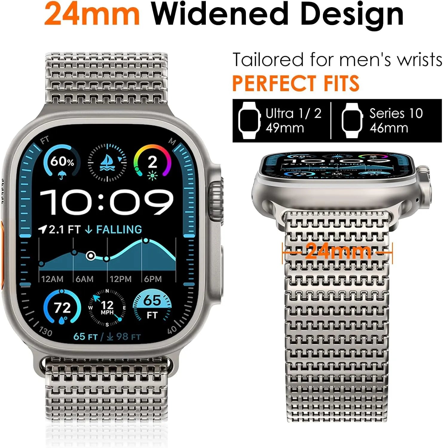 WINGLE Milanese Loop for Apple Watch Band Ultra 2 Band Ultra 49mm 46mm 45mm 44mm Men Series 10 9 8 7 SE 6 5 4, 24mm Wide Magnetic Metal Mesh Stainless Steel iWatch Apple Watch Bands, Titanium