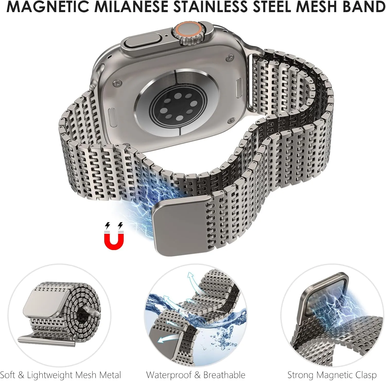 WINGLE Milanese Loop for Apple Watch Band Ultra 2 Band Ultra 49mm 46mm 45mm 44mm Men Series 10 9 8 7 SE 6 5 4, 24mm Wide Magnetic Metal Mesh Stainless Steel iWatch Apple Watch Bands, Titanium