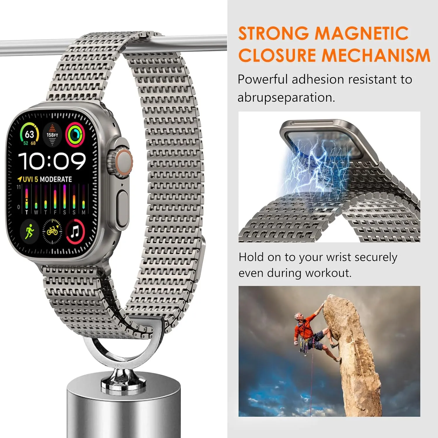 WINGLE Milanese Loop for Apple Watch Band Ultra 2 Band Ultra 49mm 46mm 45mm 44mm Men Series 10 9 8 7 SE 6 5 4, 24mm Wide Magnetic Metal Mesh Stainless Steel iWatch Apple Watch Bands, Titanium