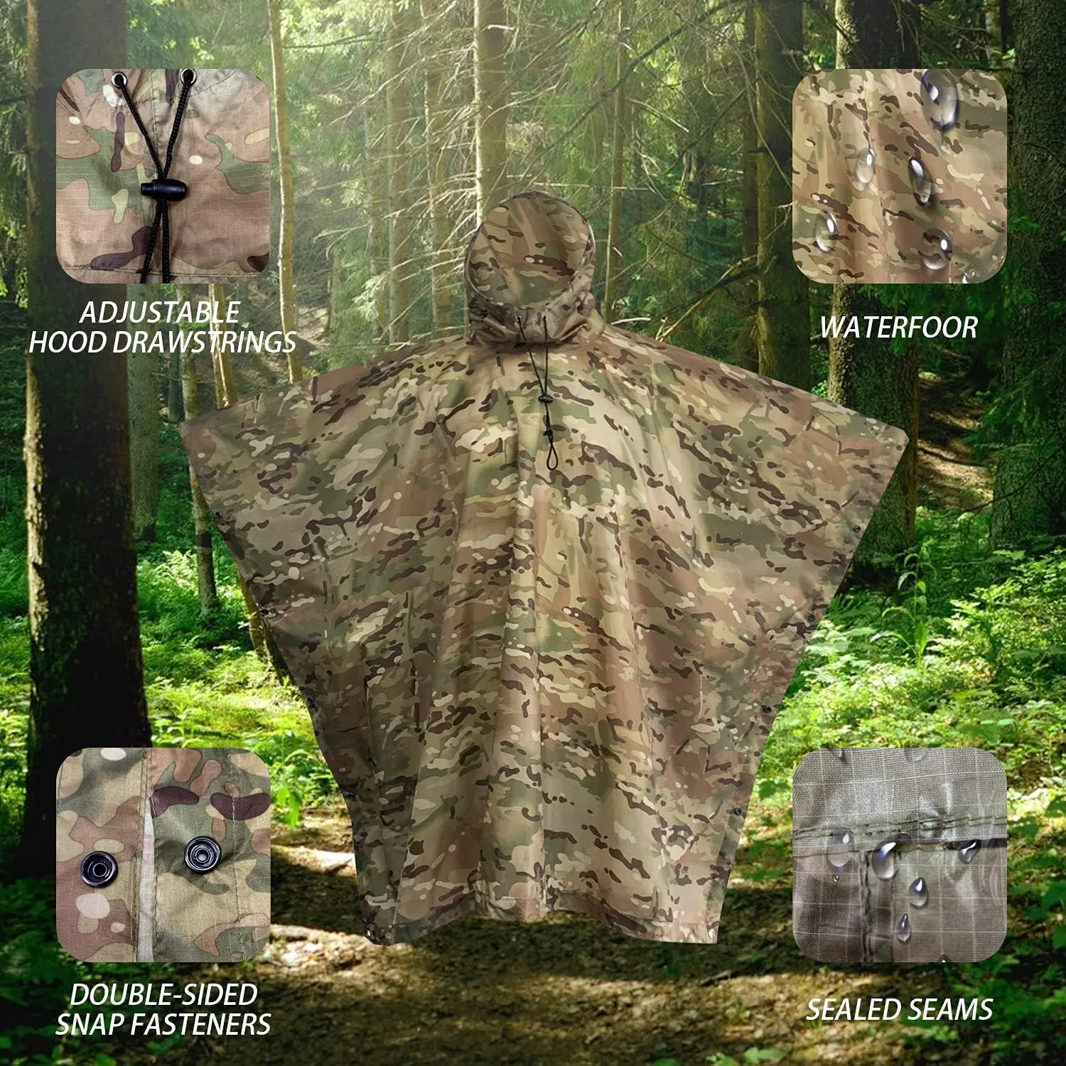 WINWAY Military Style Poncho Multi Use Rip-Stop Camouflage Raincoat