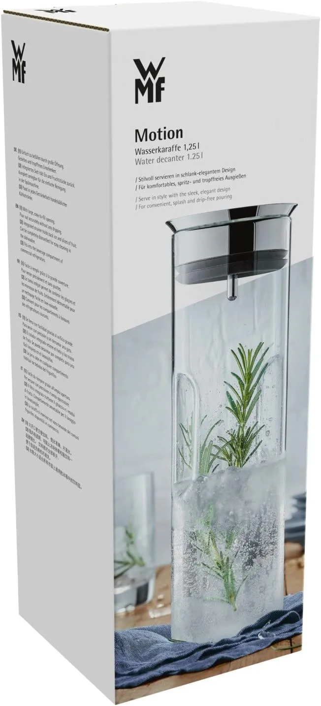 WMF Motion Water Carafe 1.25聽Litres Height 29聽cm Glass Carafe Closeup Silicone Lid Lock Handle Dishwasher Safe, 9.8聽cm, Silver