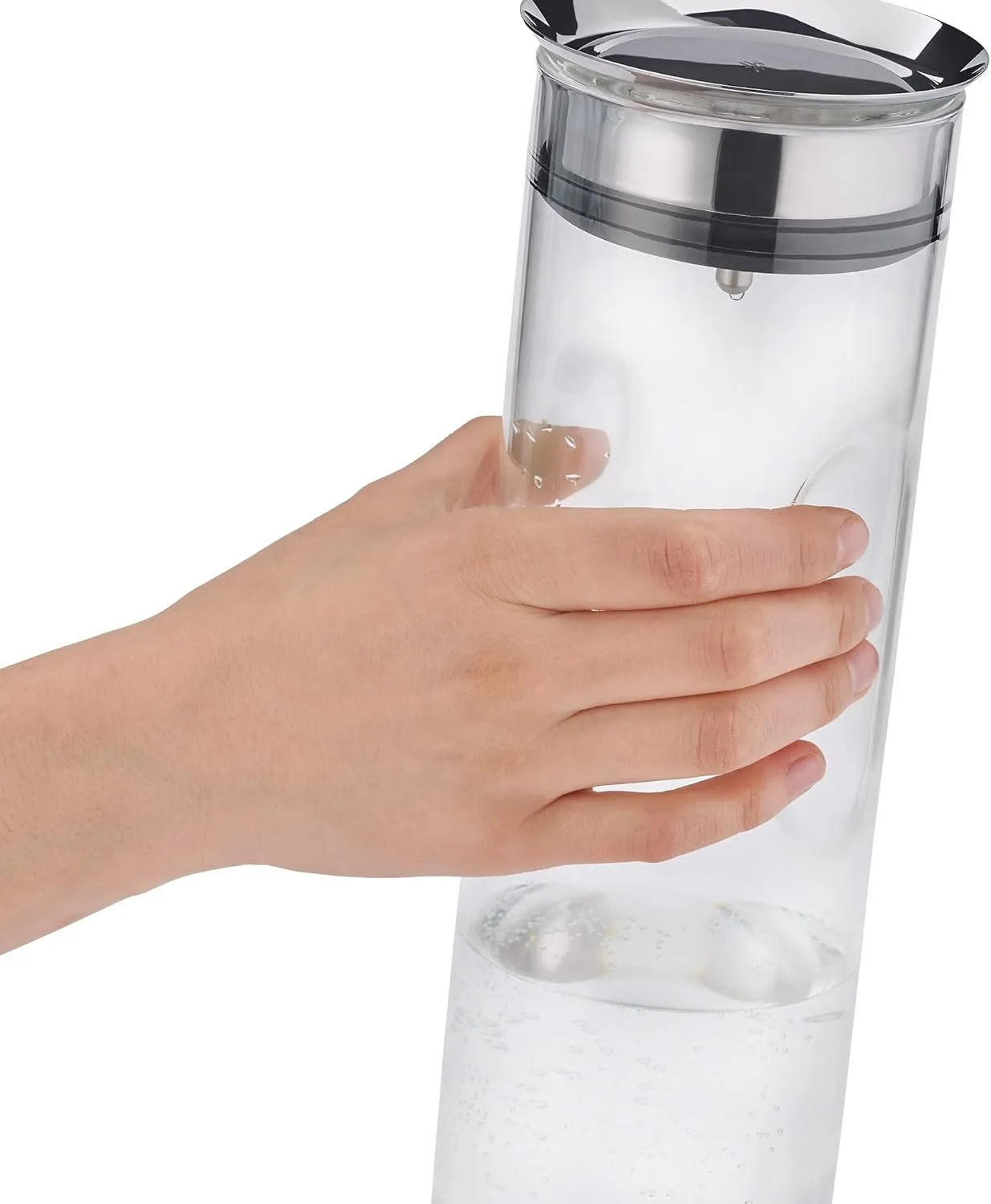 WMF Motion Water Carafe 1.25聽Litres Height 29聽cm Glass Carafe Closeup Silicone Lid Lock Handle Dishwasher Safe, 9.8聽cm, Silver