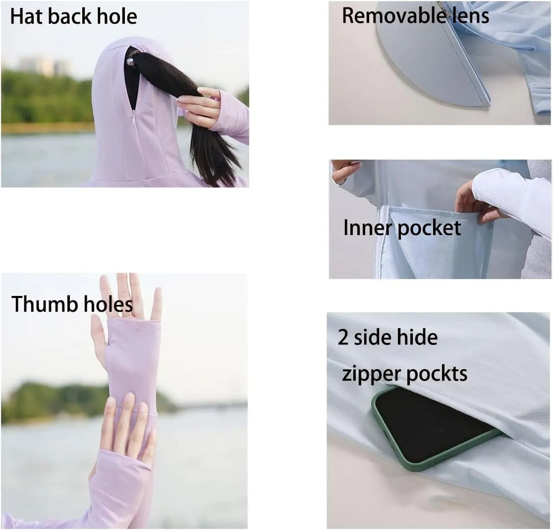 Woman Sun Protection Hoodie Jacket Lightweight UPE50  Sun Blocking Coat with Pocket Long Sleeve Shirt Hiking Outdoor
