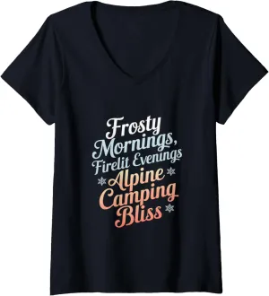 Womens Frosty Mornings Firelit Evenings Alpine Camping V-Neck T-Shirt