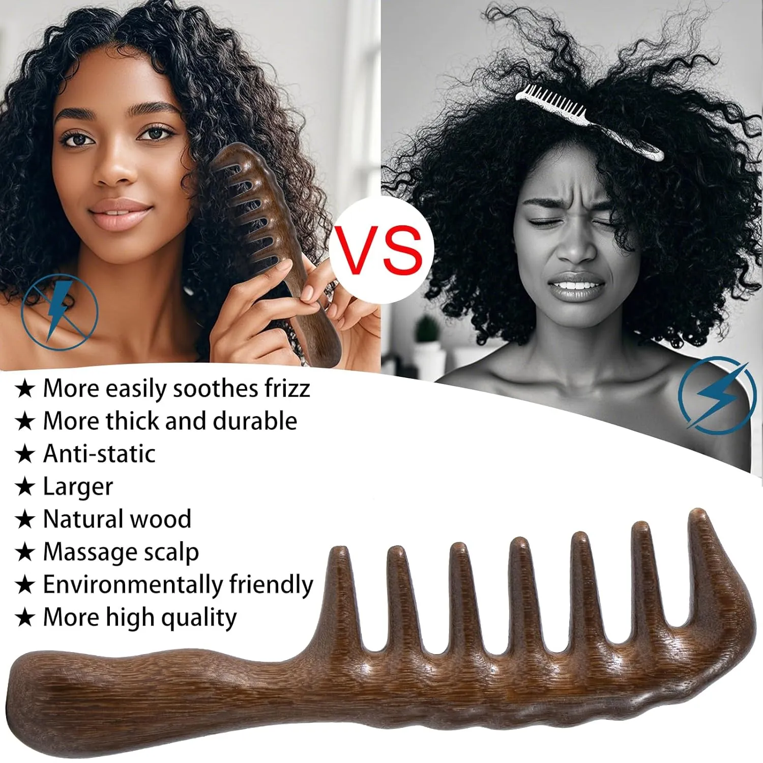 Wooden Wide Tooth Comb, 2 Pack Large Thicken Natural Sandalwood Hair Combs for Curls, Women and Men, Detangles Long Thick Wet or Dry Hair, Head Scalp Massager, Anti-static (Golden Sandalwood)