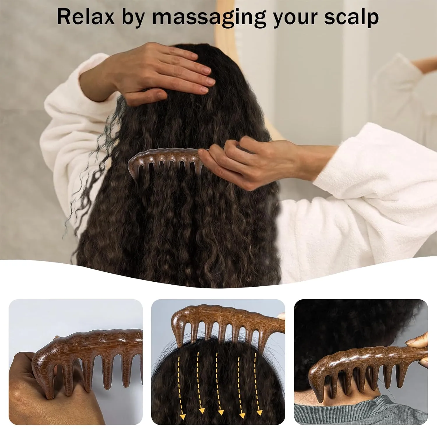 Wooden Wide Tooth Comb, 2 Pack Large Thicken Natural Sandalwood Hair Combs for Curls, Women and Men, Detangles Long Thick Wet or Dry Hair, Head Scalp Massager, Anti-static (Golden Sandalwood)