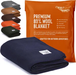Woolly Mammoth Woolen Co. | Extra Large Merino Wool Camp Blanket, Perfect Outdoor Gear, Bedroll for Bushcraft, Camping, Trekking, Hiking, Survival, or Throw Blanket at The Cabin (Navy Blue), 66" x 90"