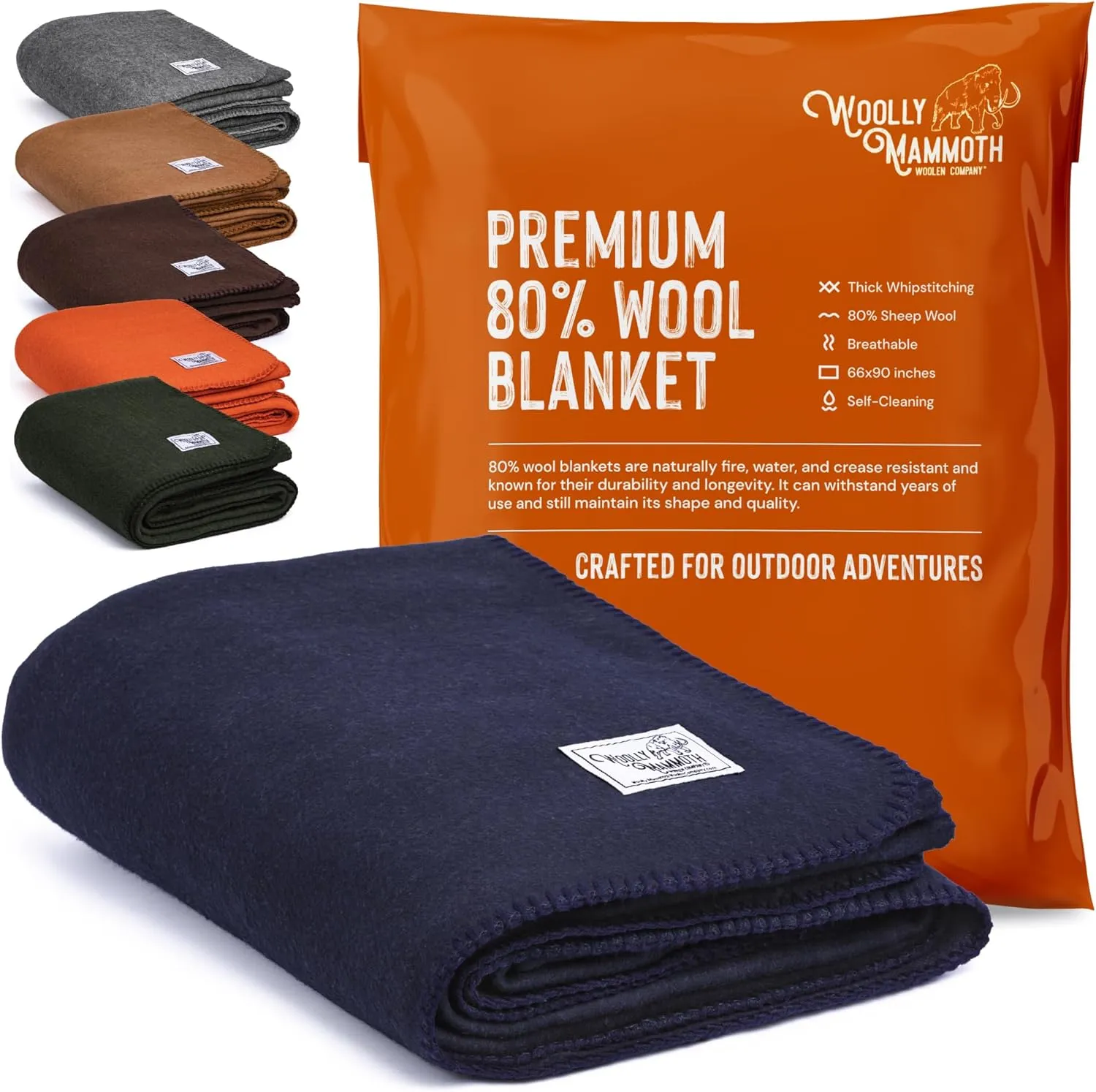 Woolly Mammoth Woolen Co. | Extra Large Merino Wool Camp Blanket, Perfect Outdoor Gear, Bedroll for Bushcraft, Camping, Trekking, Hiking, Survival, or Throw Blanket at The Cabin (Navy Blue), 66" x 90"