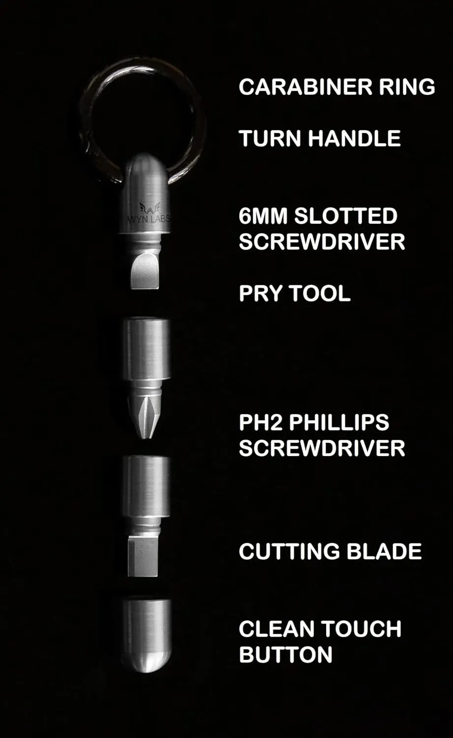 WYN Multi-Tool Capsule | Discreet Everyday Carry | Keychain Multi-Tool with Blade, Screwdrivers, Pry Bar & Carabiner | TSA Safe | Gift for Men, Women, Birthday (Titanium)