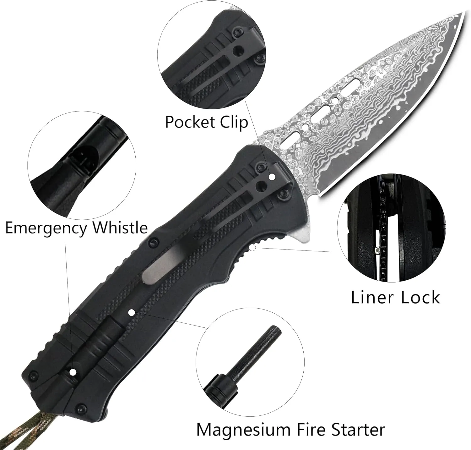 XIPHIAS Damascus 6-in-1 Survival Knife - Folding Multitool w/LED Light, Fire Starter, Whistle & Paracord, Pocket Clip & Pouch for Camping, Hunting, Hiking - FK039DA-Green