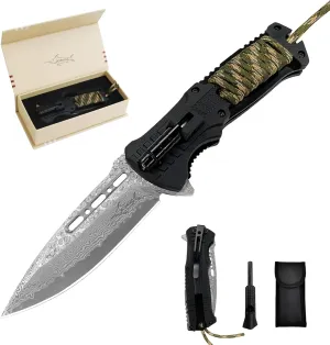 XIPHIAS Damascus 6-in-1 Survival Knife - Folding Multitool w/LED Light, Fire Starter, Whistle & Paracord, Pocket Clip & Pouch for Camping, Hunting, Hiking - FK039DA-Green