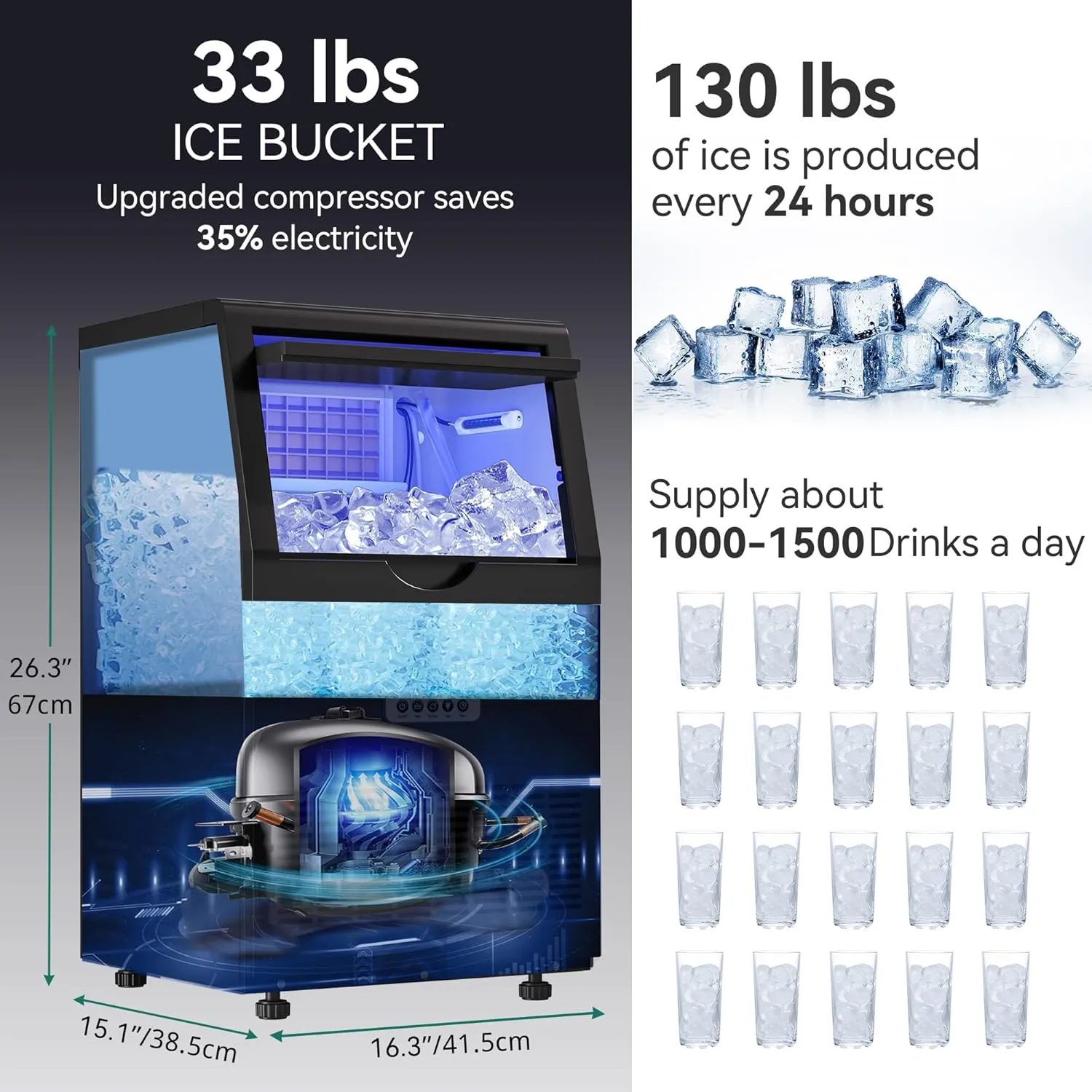 YITAHOME Black Commercial Under Counter Ice Maker Machine 130lbs, ETL & DOE Certificated Ice Machine Commercial, Big Ice Makers Freestanding for Home Cafe Bar Restaurant 44pcs with 33lbs Storage Bin