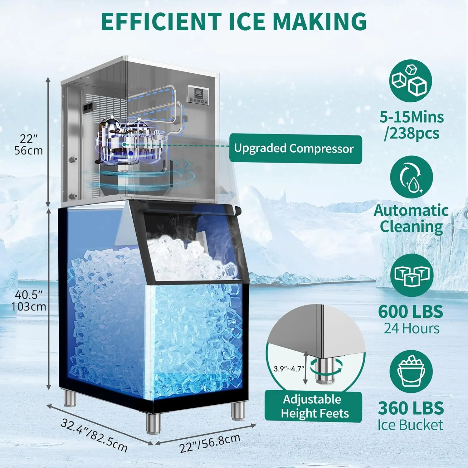 YITAHOME Commercial Ice Maker Machine 600Lbs/24H, Industrial Ice Maker Machine Ice Making Machine Freestanding with 360 LBS Storage Bin with Ice Scoop Self Cleaning for Restaurant Industry