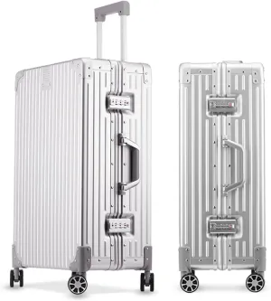 YYW Full Aluminum Large Suitcase, 100% All Aluminum Alloy Hard Shell Luggage, 24 Inch Large Suitcase with TSA Locks (Silver, Checked-In 24-Inch)