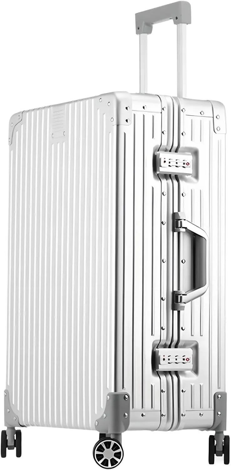 YYW Full Aluminum Large Suitcase, 100% All Aluminum Alloy Hard Shell Luggage, 24 Inch Large Suitcase with TSA Locks (Silver, Checked-In 24-Inch)