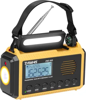 ZHIWHIS Emergency Radio with Auto NOAA Alerts, 10000mAh AM FM SW Weather Radios, Hand Crank/Solar/SOS/Flashligh/Reading Lamp/Timer Portable Receiver with Preset, for Emergencies ZWS-905