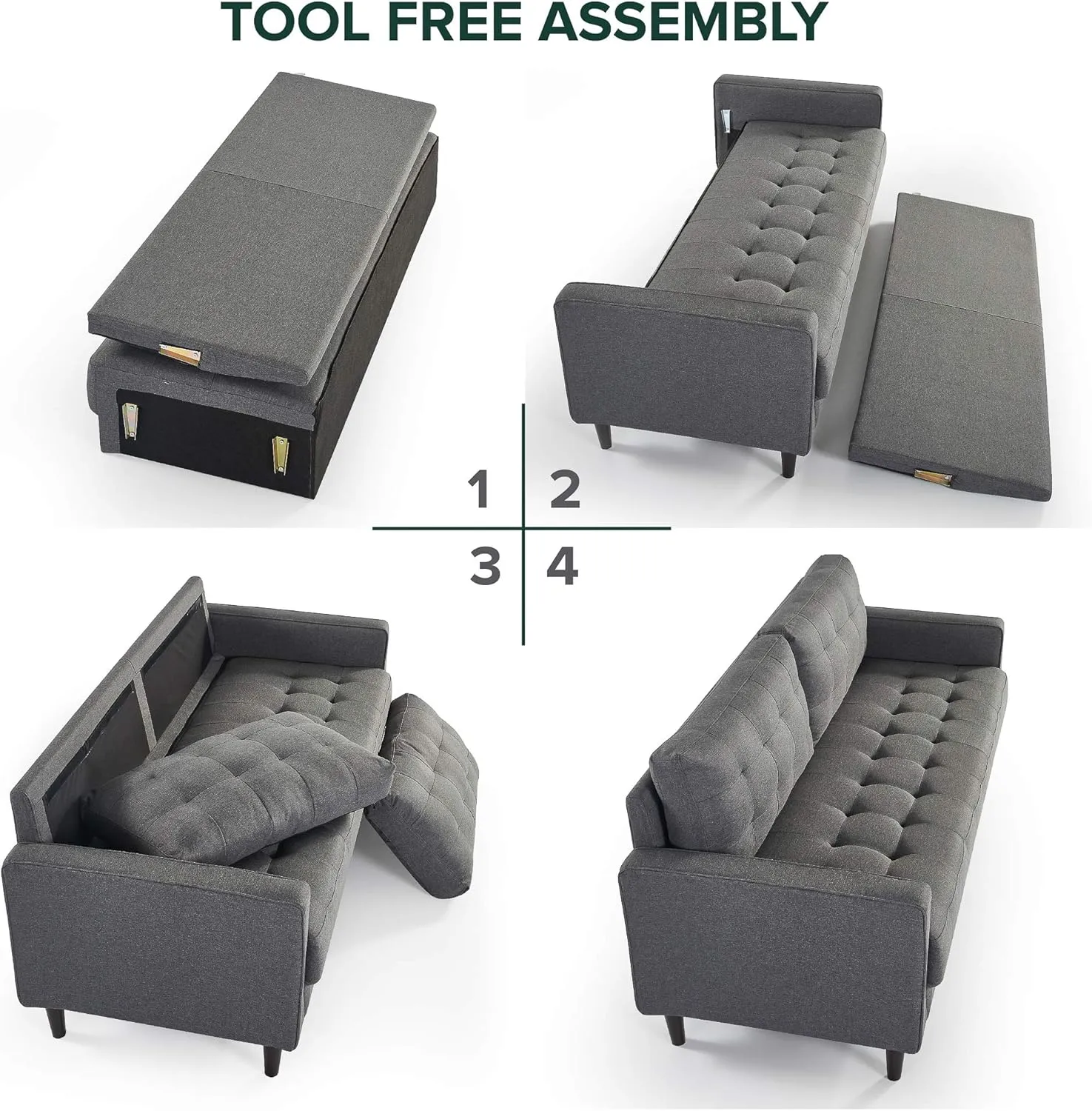 ZINUS Benton Sofa Couch, Grid Tufted Cushions, Easy, Tool-Free Assembly, Dark Grey